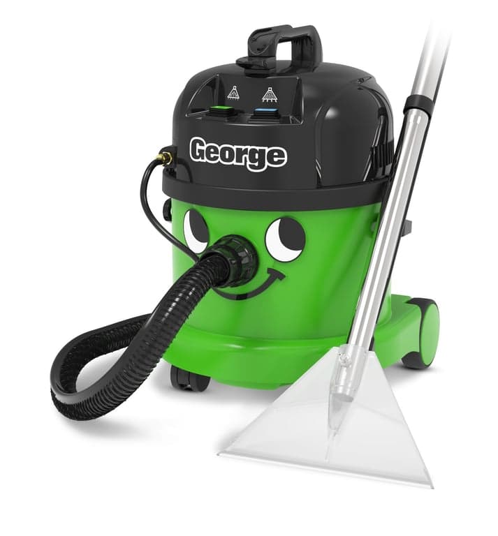 Numatic George GVE370 wet and dry carpet cleaner with hose, wand, and upholstery extraction tool
