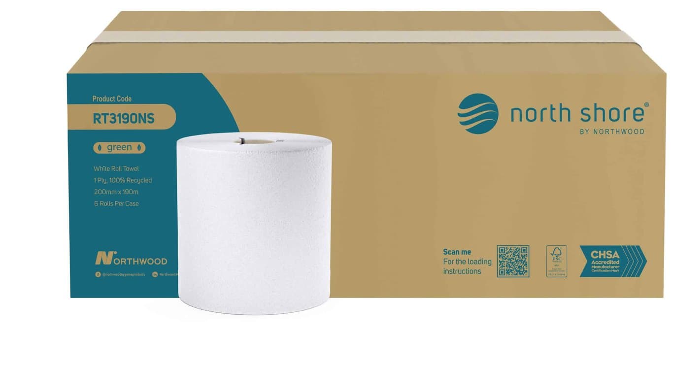 North Shore 1 Ply Recycled Roll Towel White RT3190NS